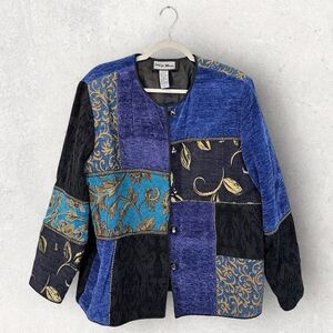 Indigo Moon Jacket Blue Velour Cardigan Carpet Style Button Front Size L